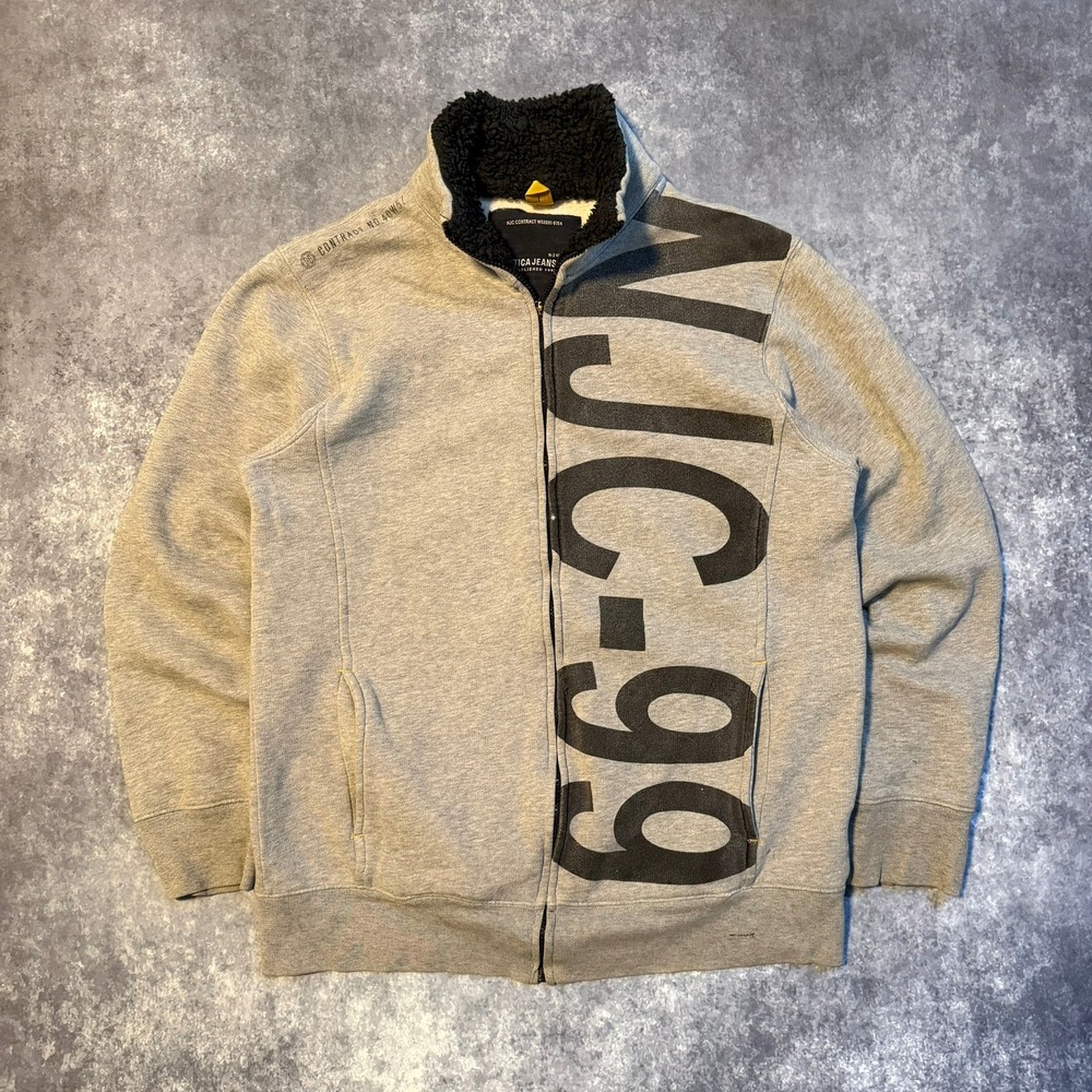 Y2K Nautica‎ Jeans Co Mens M Full Zip Sherpa Collar Sweatshirt Gray NJC-99